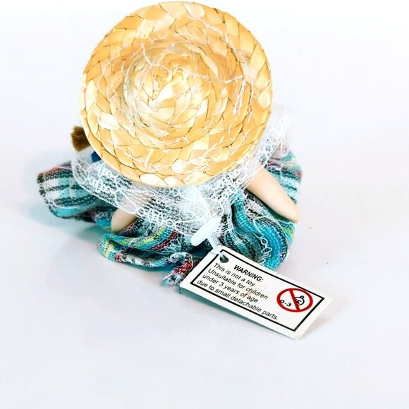 Vintage Ganz Miniature Porcelain Doll Sitting with Braids Straw Hat Plaid Dress - Picture 3 of 5